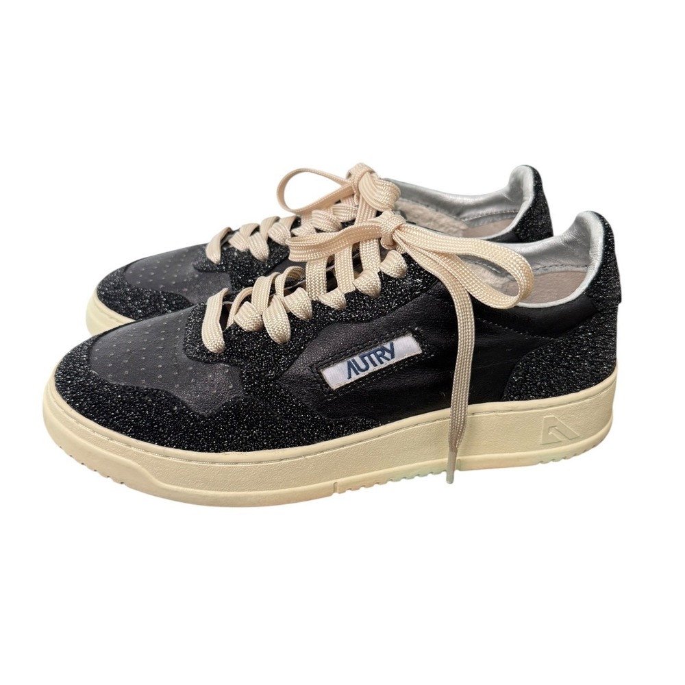 Autry Medalist Low Sneakers Black Leather Glitter Silver Womens EU 41